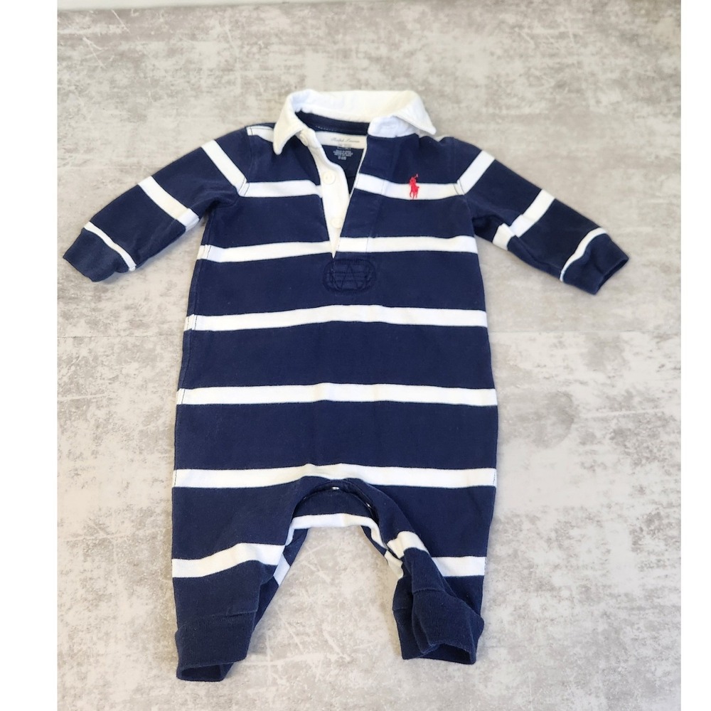 Ralph Lauren Rugby Romper Baby 3M Navy Blue Striped Polo Unisex Preppy Luxury